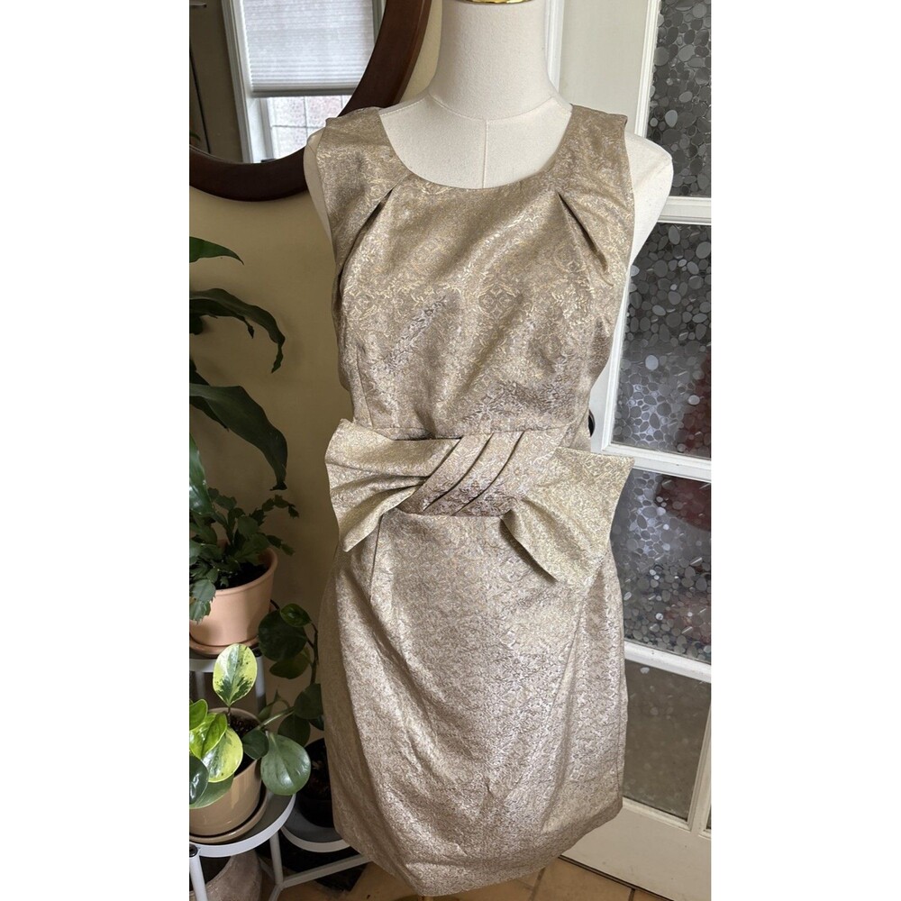 Anthropologie Wendy Katlen Cocktail Dress 4 Gold Brocade Bow Vintage Retro Style
